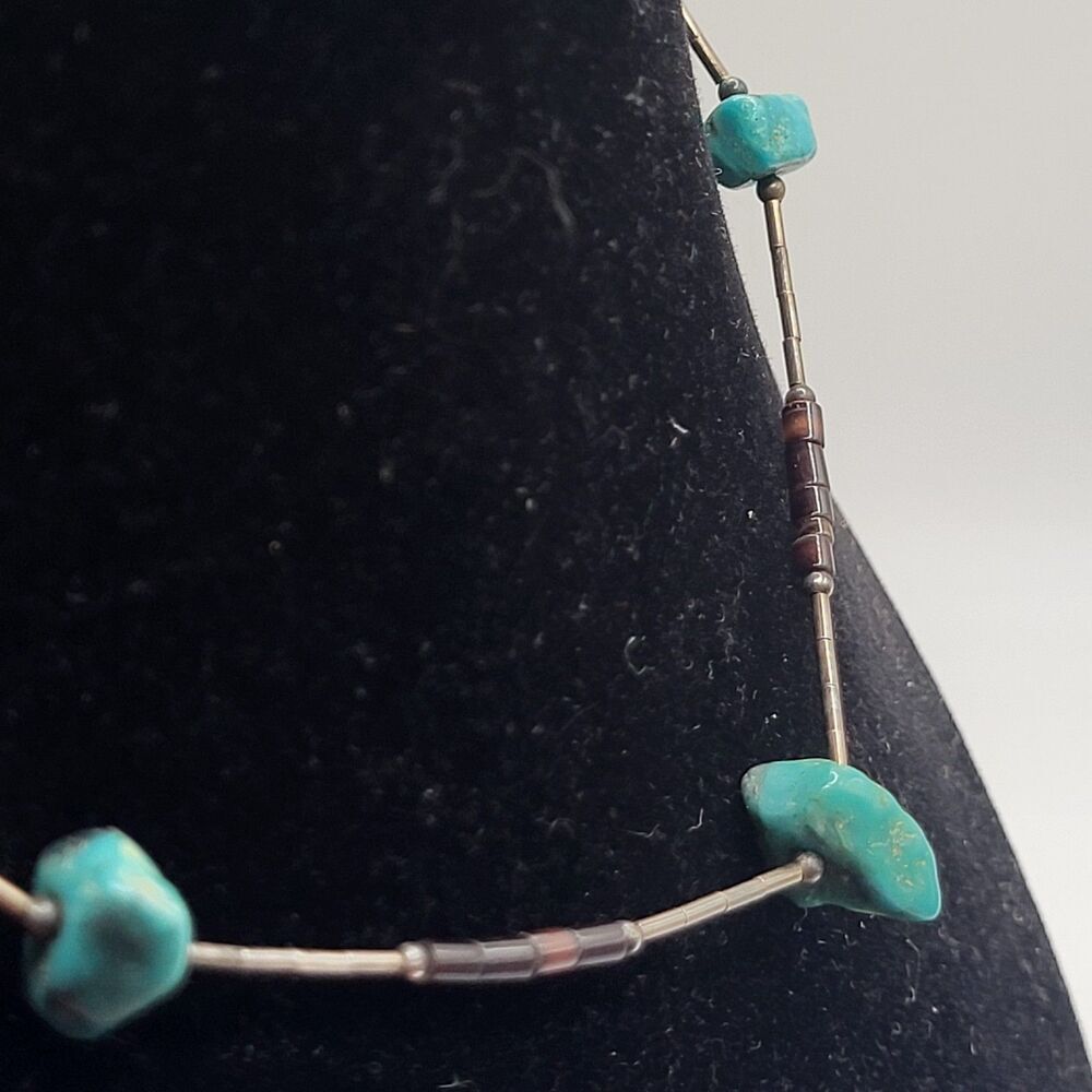 Native American Liquid Silver Turquoise Station Necklace Heishi Tiger’s Eye 14in